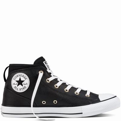 Converse Chuck Taylor All Star Syde Street Leather Mid Tops Mens - Black/Black/White Shoes (426SLQVD)